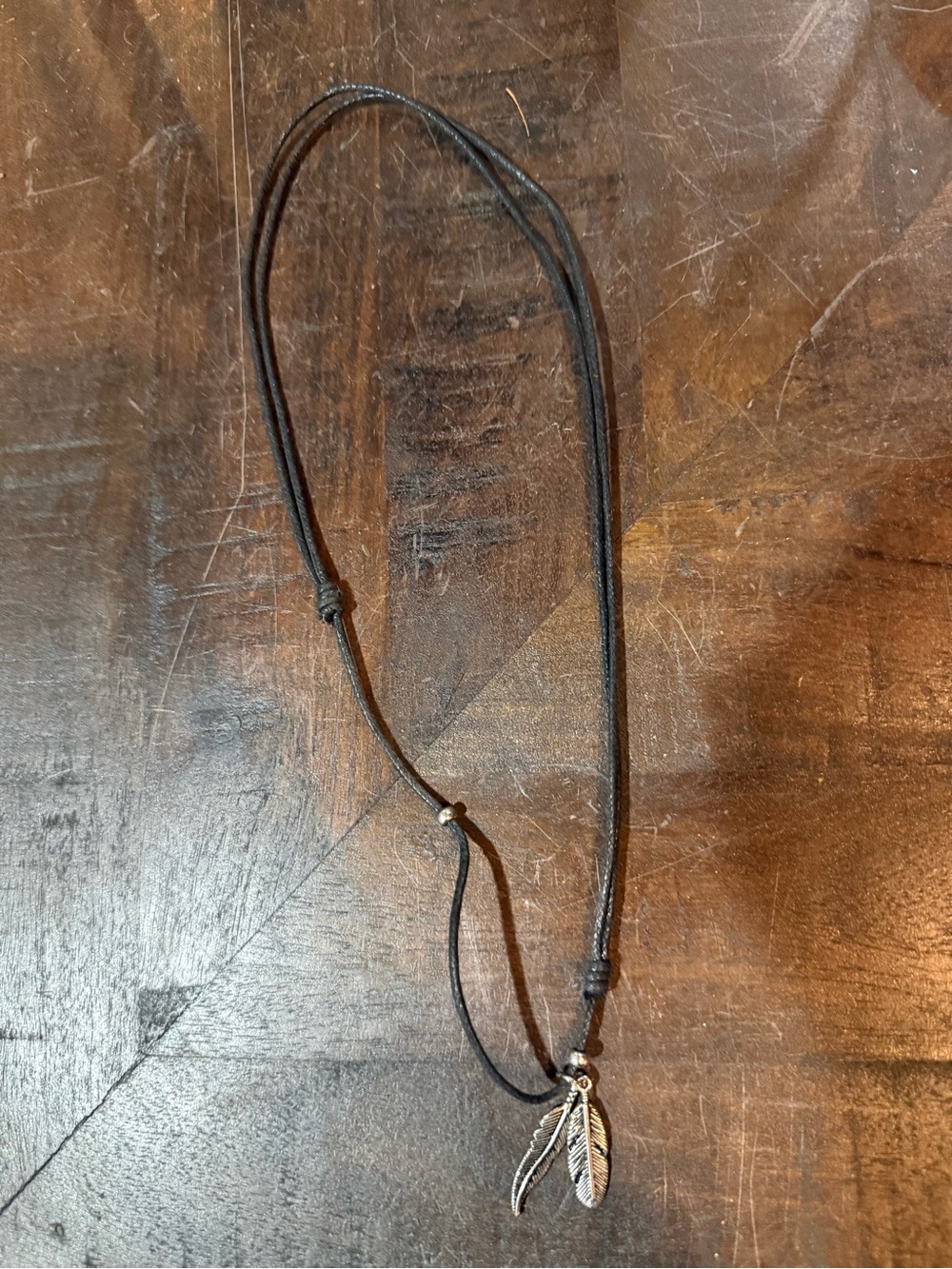 Adjustable Black Cord Necklace with Silver Feather Charms